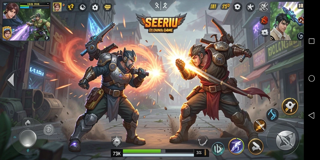 Layar permainan <strong>73K</strong> menunjukkan pertarungan yang intens dan karakter menarik.