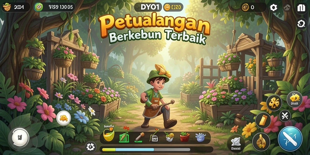 Screenshot gameplay DYO1 menampilkan kebun yang subur dan penuh warna.