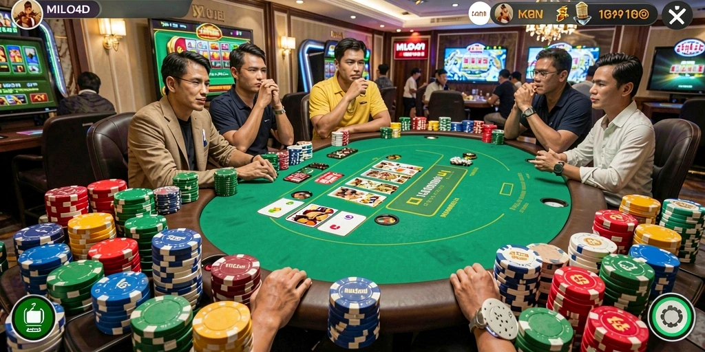Tampilan utama gameplay poker di MILO4D yang menarik dan interaktif.