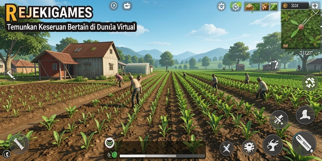 Screenshot gameplay <strong>REJEKIGAMES</strong> memperlihatkan aktivitas bertani yang seru.