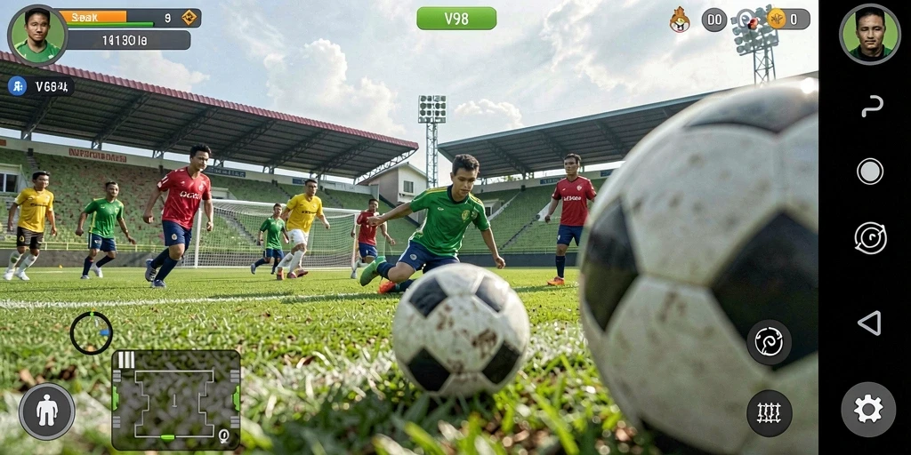 Screenshot V98 menunjukkan aksion seru dalam permainan sepak bola.